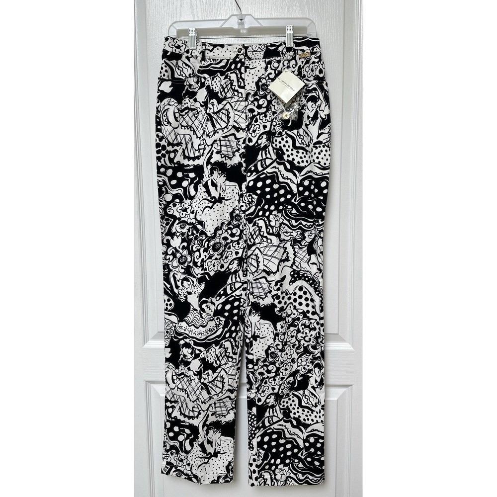 NWT $295 ST. JOHN SPORT Printed Abstract Black & White Cotton Blend Pant Size 8